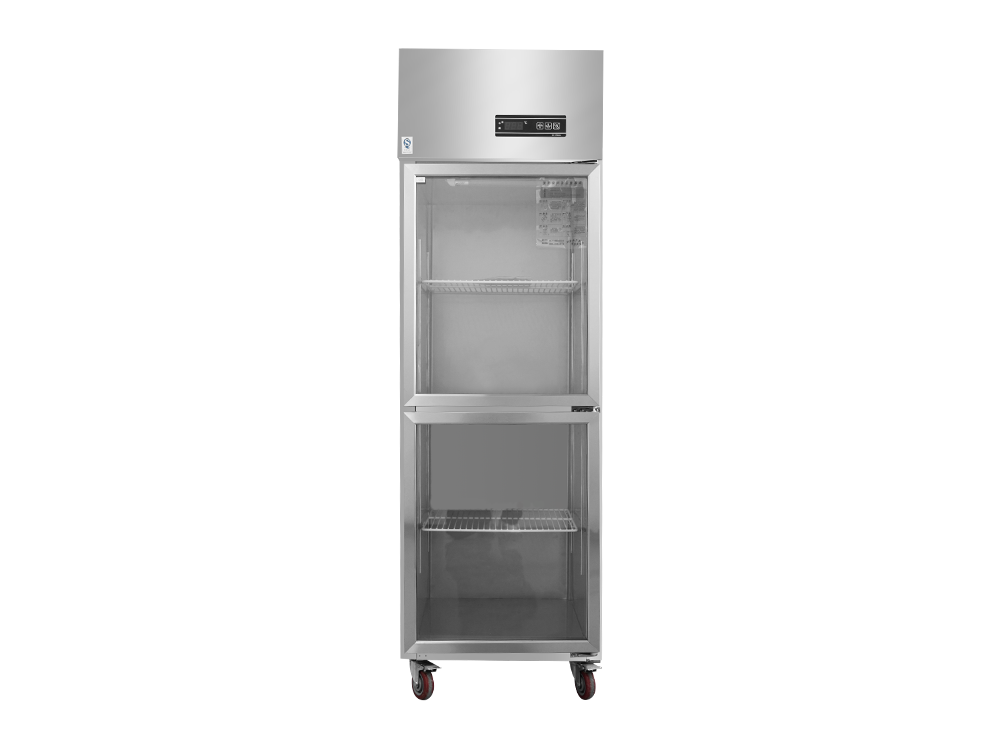 Congelador/refrigerador de vidrio de dos puertas pequeño 0.5 rosa dorado