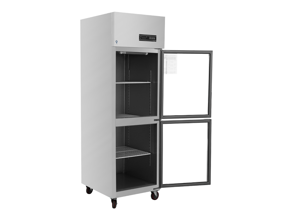 Congelador/refrigerador de vidrio de dos puertas pequeño 0.5 rosa dorado